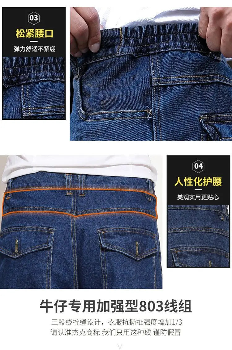 Peto pantalón ropa de hombre pantalones resistentes al desgaste anti-escaldaduras engrosamiento algodón ropa de trabajo de mezclilla pantalones de trabajo múltiples bolsillos