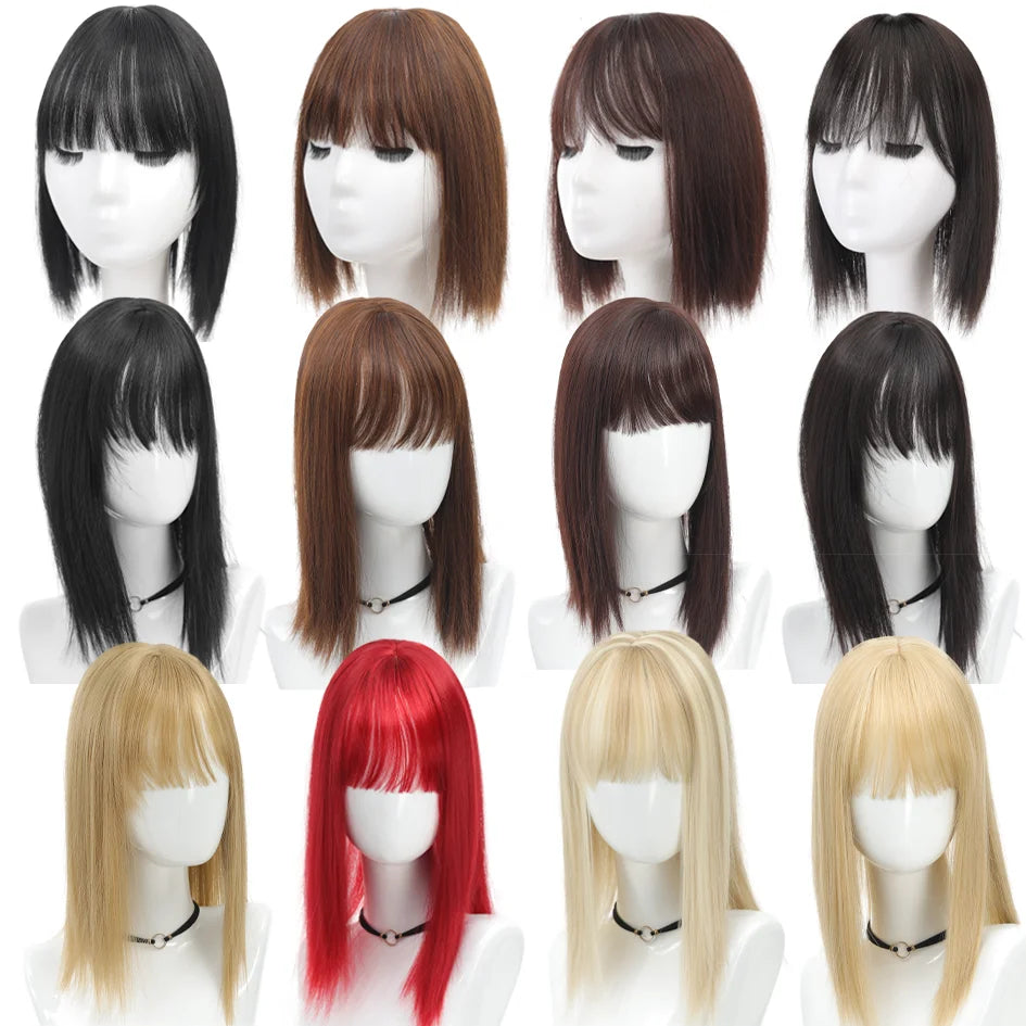 Syntetisk dameparykk med rett hår, 25 cm/30 cm pannelugg, topperstatning, tre kort, svart parykk/brun parykk/beige parykk/khaki parykk