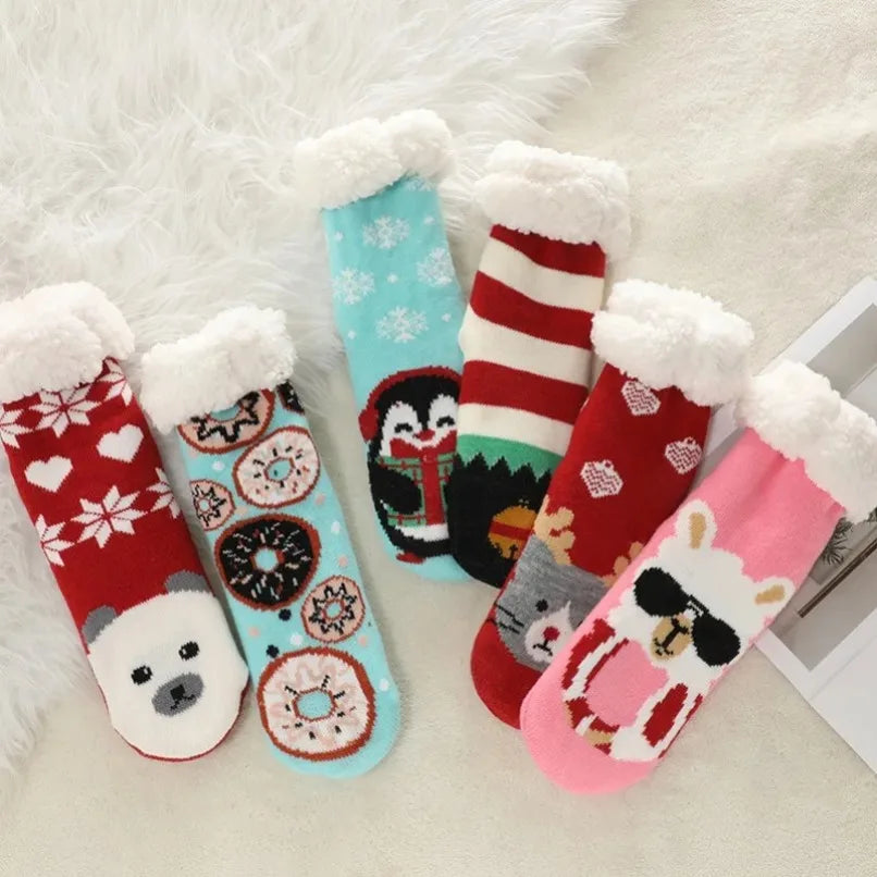 Fuzzy Thermal Sock Women Winter Warm Funny Bear Sheep Cute Kawaii Non Slip Cartoon Sleeping Soft Comfy Female Floor Slipper Sock