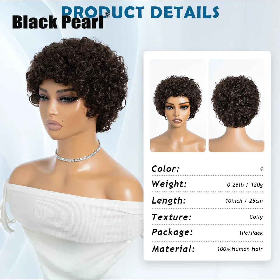 Brazilian Afro Puff Pixie Bob Wig 99J Natural Brown Full Machine Made Pre-Plucked Bangs 100% Human Hair For Black Women