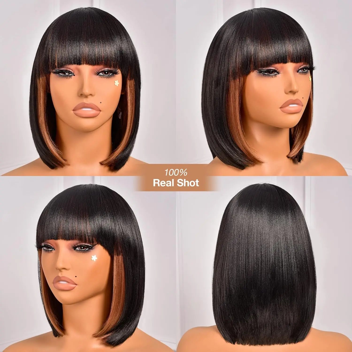Bob Wig With Bangs - 14 Inch Peek-a-boo Color Short Bob Wig For Black Women Black Mix Brown Daily Costume Wigs, Light Synthetic
