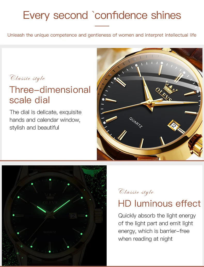 OLEVS 6898 Reloj de Mujer Original de Moda Reloj de Pulsera de Cuarzo Impermeable con Correa de Cuero Luminosa Doble Calendario Reloj de Señora
