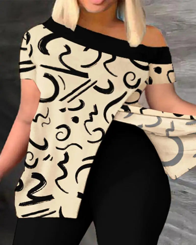 Conjuntos de dos piezas elegantes para mujer, nueva moda, estampado, top de manga con volantes, conjunto de pantalones de color sólido con cinturón, blusas, ropa femenina