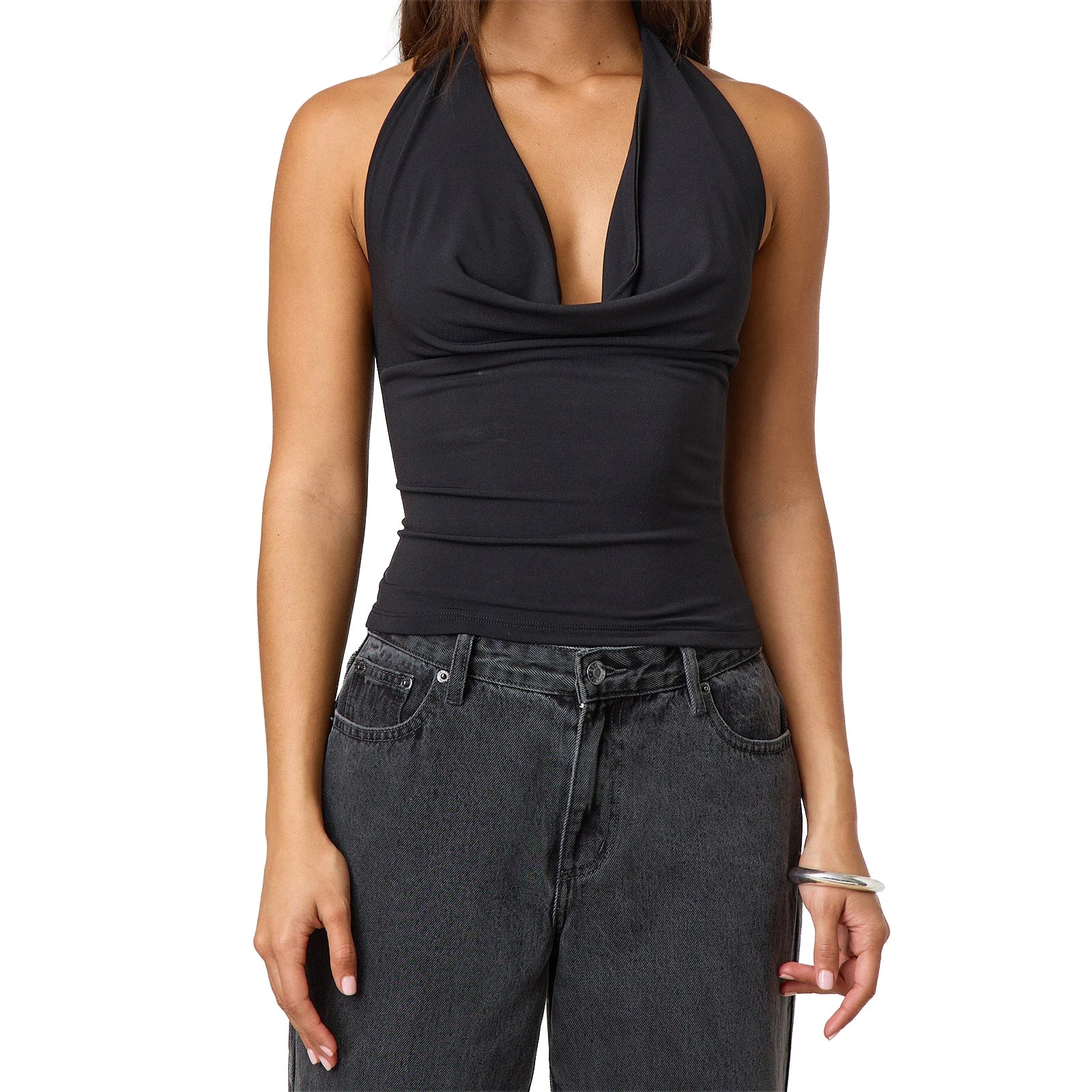 Camisetas Halter de Calidad Premium para Mujer, Estampado Floral de Verano/Color Liso, Cuello Drapeado, Sin Espalda, Tipo Chaleco para Ropa Estética Urbana