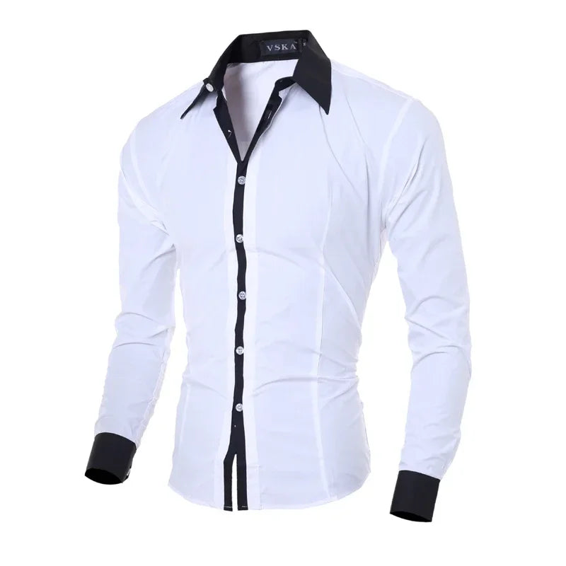 Men Long Sleeve Shirt Spring Striped Shirts Slim Fit Male Casual Social Patchwork Shirt Turn-down Collar Camisa Masculina