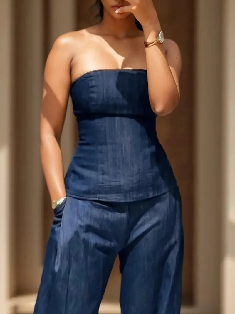 Ensemble deux pièces tendance pour femme, pantalon décontracté en denim, haut sans bretelles, pantalon décontracté, grande taille, été