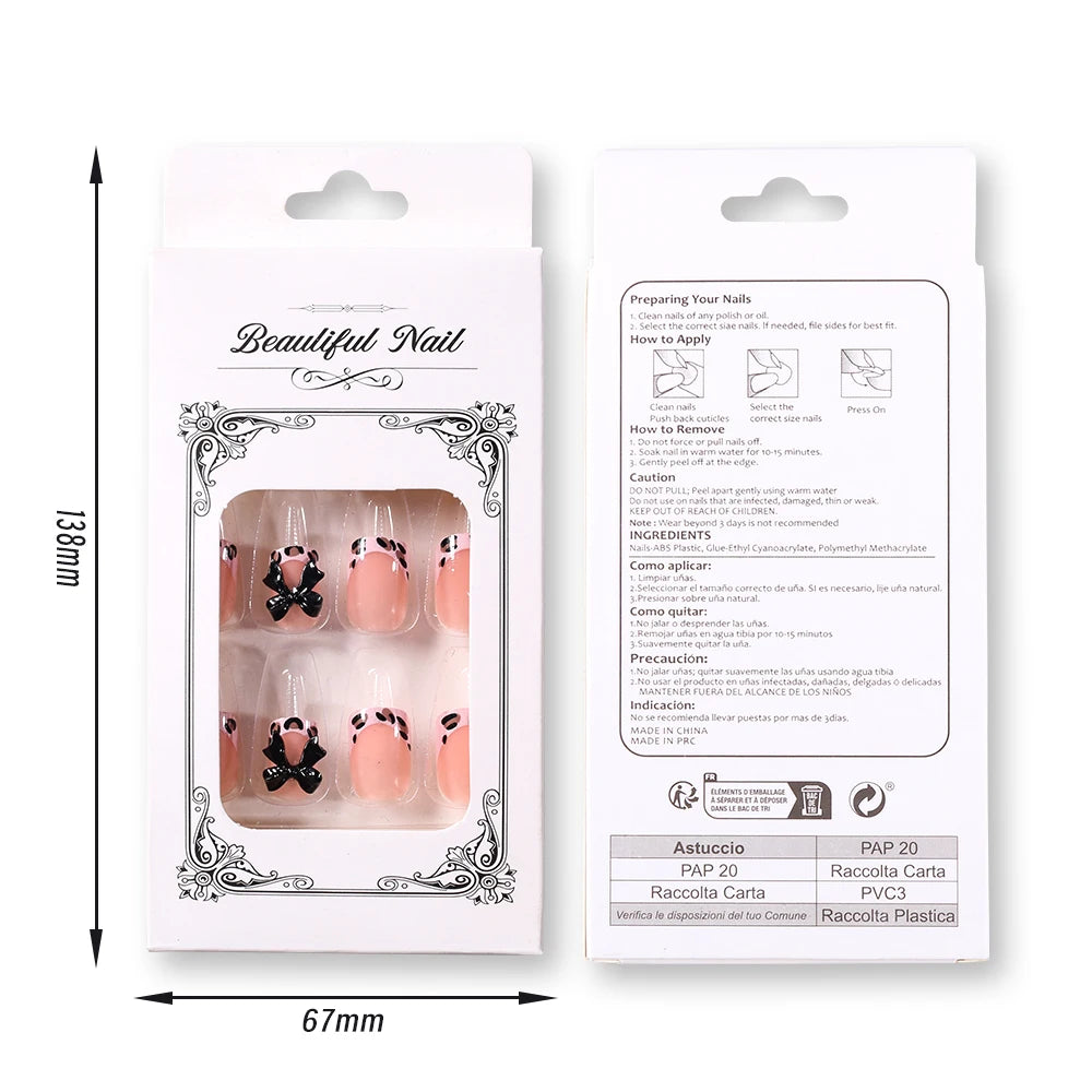 Uñas postizas de leopardo rosa de 24 piezas con punta francesa, cabeza cuadrada corta, lazo negro 3D, uñas postizas acrílicas de cobertura completa a presión