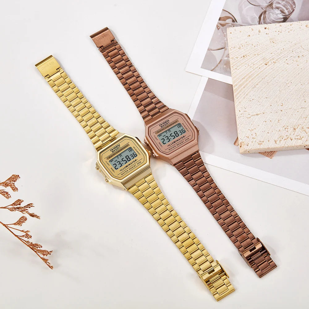 Relojes digitales para mujer de lujo dorados para mujer, deportivos, reloj de acero inoxidable, reloj electrónico, despertadores, regalos