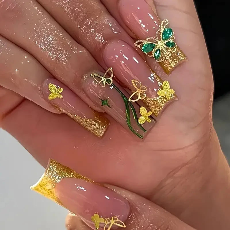 24 Uñas postizas largas a presión, de cobertura completa, con diseño de mariposa francesa, forma de ataúd, purpurina, pequeños diamantes, manicura portátil, puntas de uñas artificiales