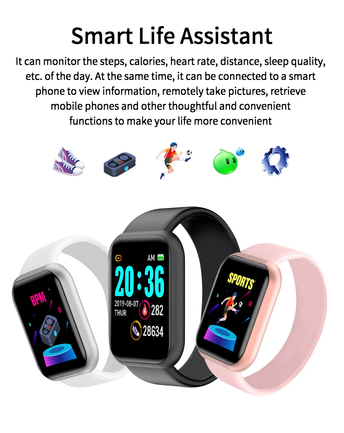 Smartarmbånd Smartklokker Menn Kvinner Gaver Sport Blue Tooth Band Puls Blodtrykk Fitness Tracker For Android IOS