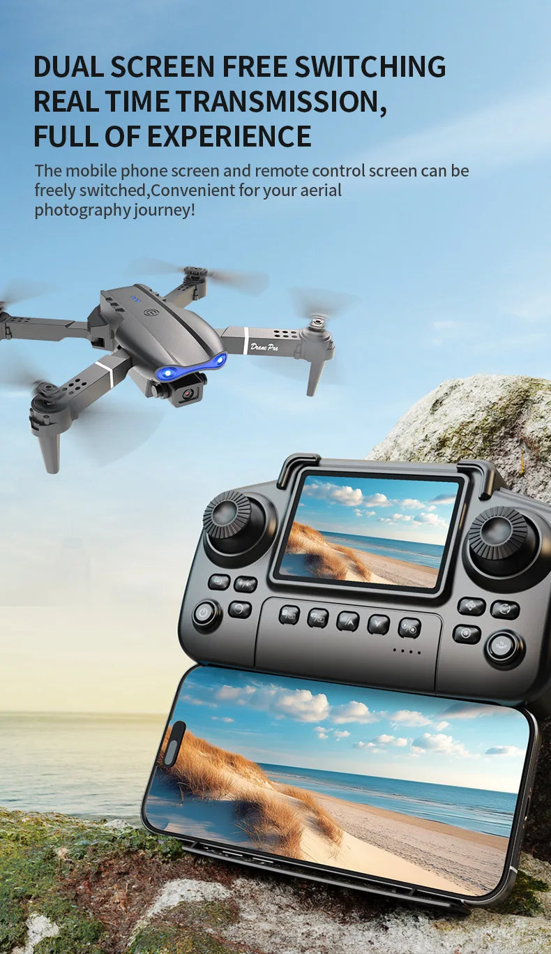 E99 PRO Drone Skjermkontroll Luftdrone Høydefinisjon Dobbeltkamera Fjernstyrt Fly, Sammenleggbar Quadcopter Barnegave