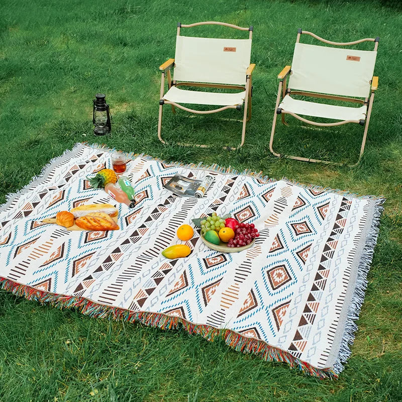 Mantel rectangular colorido estilo bohemio de tela de algodón y lino, mantel de decoración para camping al aire libre con diseño geométrico simple