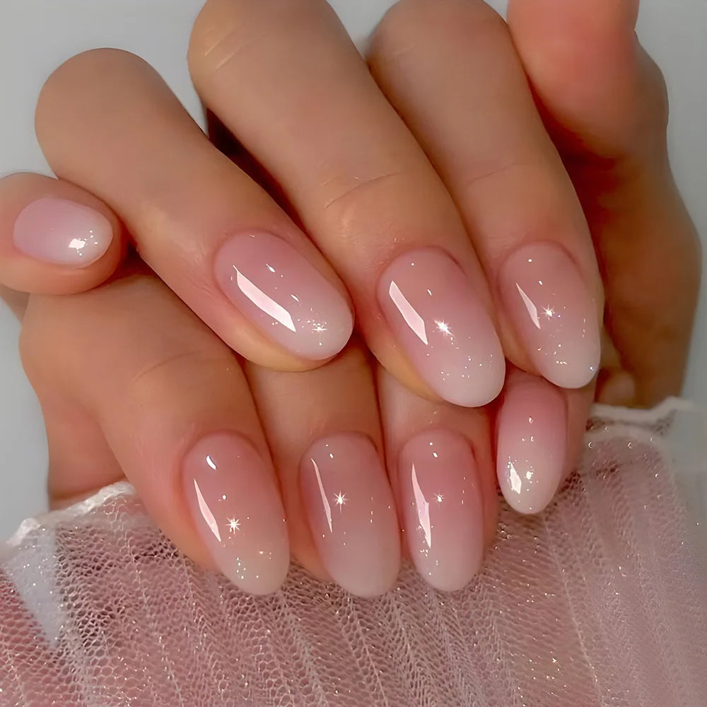 24 Uñas postizas simples con diamantes rotos, cortas, cuadradas, a presión, con diseño de ballet, cobertura completa, color blanco degradado