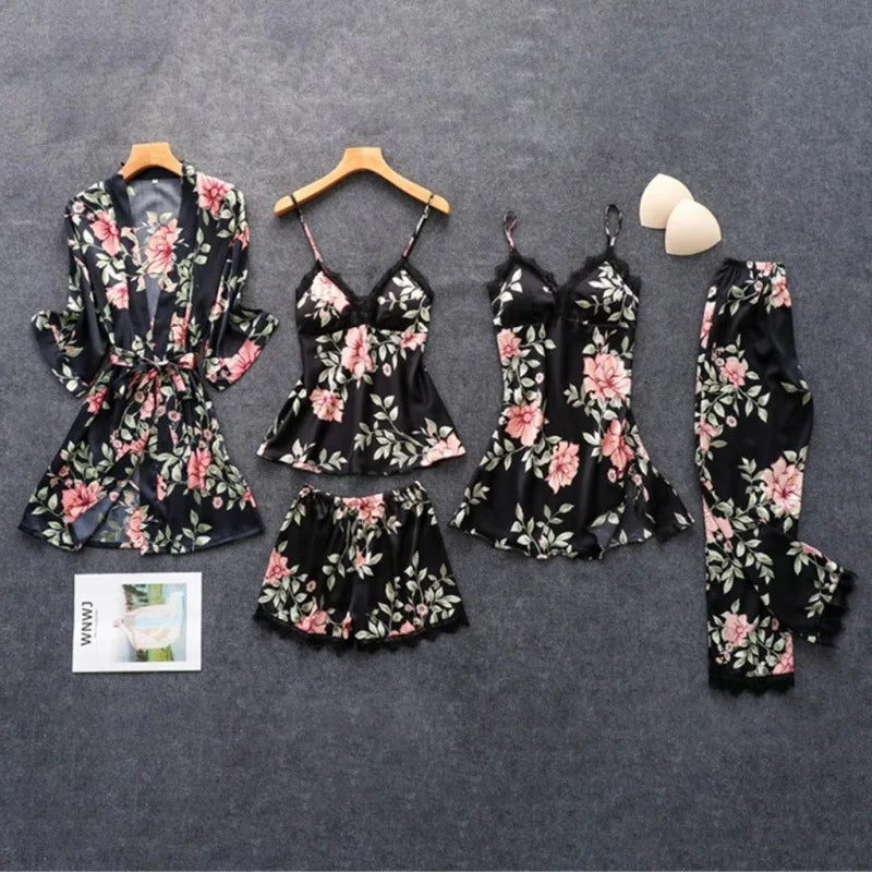 Pijama para mujer verano sexy pijama conjunto de cinco piezas pijama de tirantes para mujer ropa de casa con almohadilla para el pecho bata
