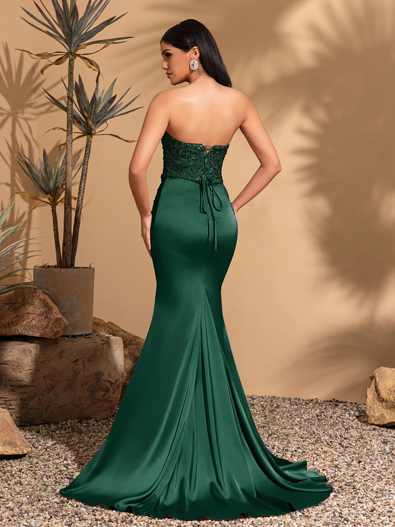 Satin Pleated Strapless Dress – Floor-Length, Sequined Patchwork & Elegant Back-Tie Design