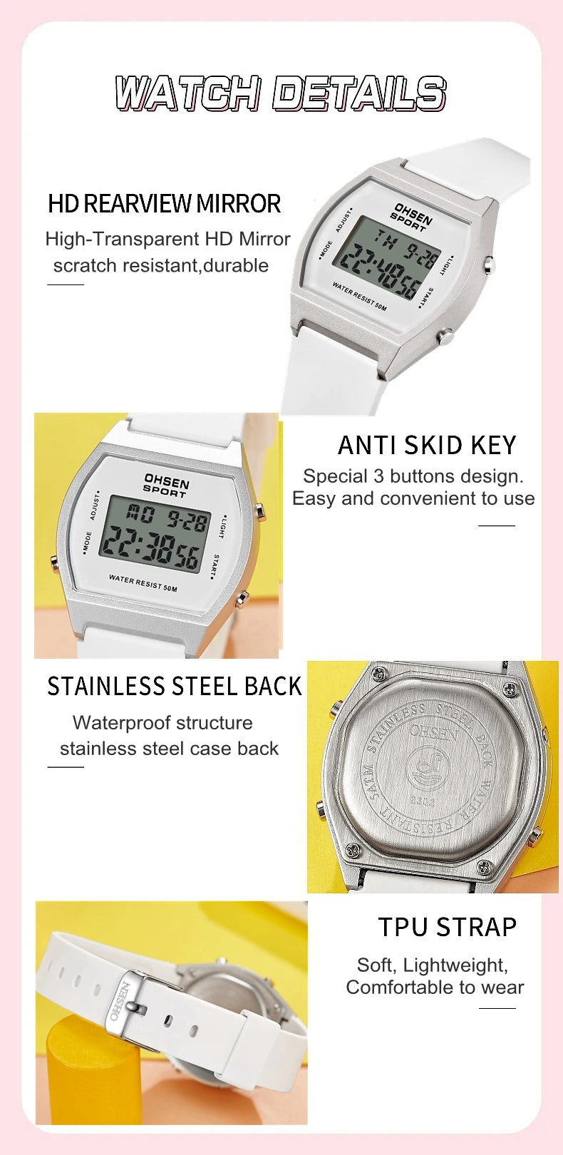 Reloj deportivo digital para mujer, resistente al agua, a la moda, blanco, para damas, reloj de pulsera electrónico para niños, relojes LED con alarma, regalos