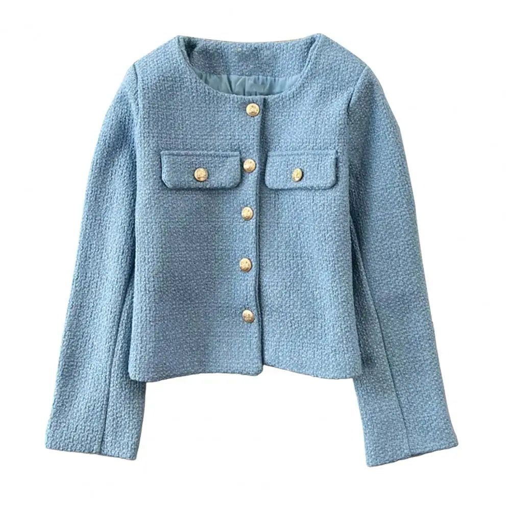 Rund halsjakke Stilig enkeltspent damekåpe for høst vår Langermet cardigan i ensfarget Løs passform for dating