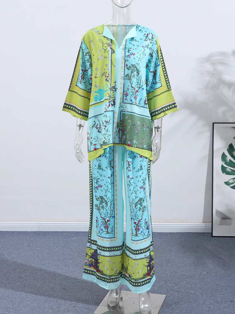 Conjunto de pantalones largos estampados para mujer, elegante camisa de manga larga con cuello en V, pantalón ancho holgado, traje de verano de 2 piezas para mujer, estilo urbano