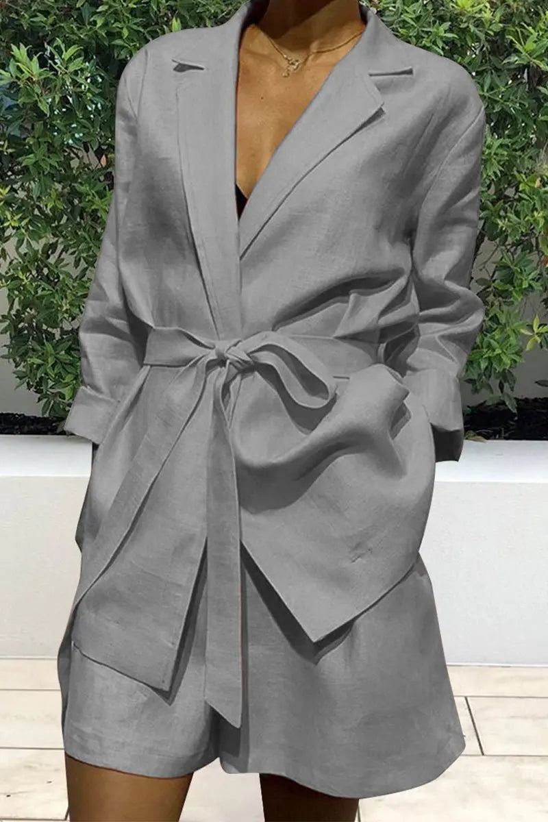 Women Long Sleeve 2 Pieces Sets Casual Blazer Collar Coat Tops Pockets Short Pant Autumn Fashion Suit Female Outfits