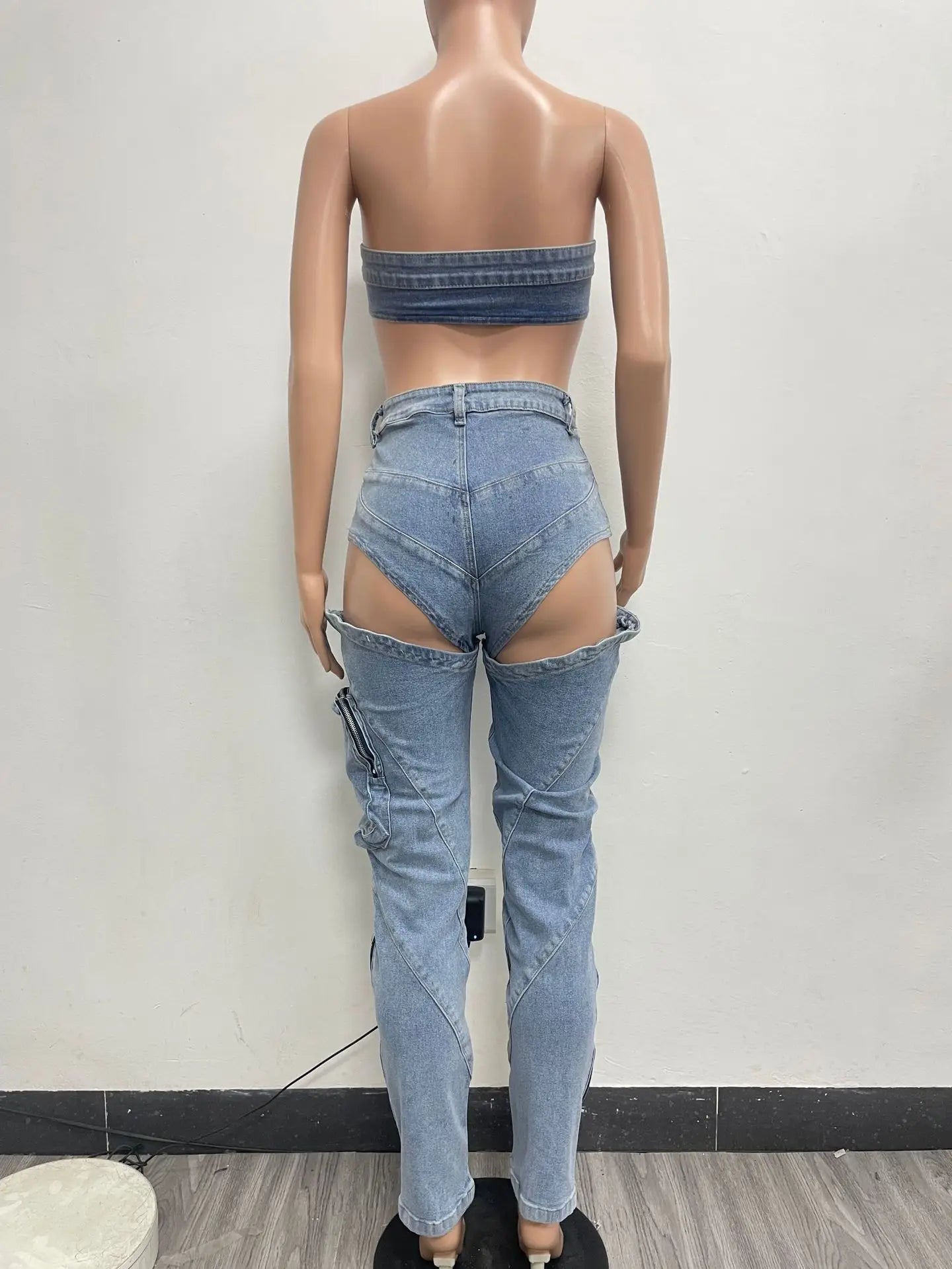 Conjuntos de pantalones de mezclilla para mujer Ropa de calle sexy Conjunto de dos piezas Top sin mangas con envoltura en el pecho sin espalda Jeans calados