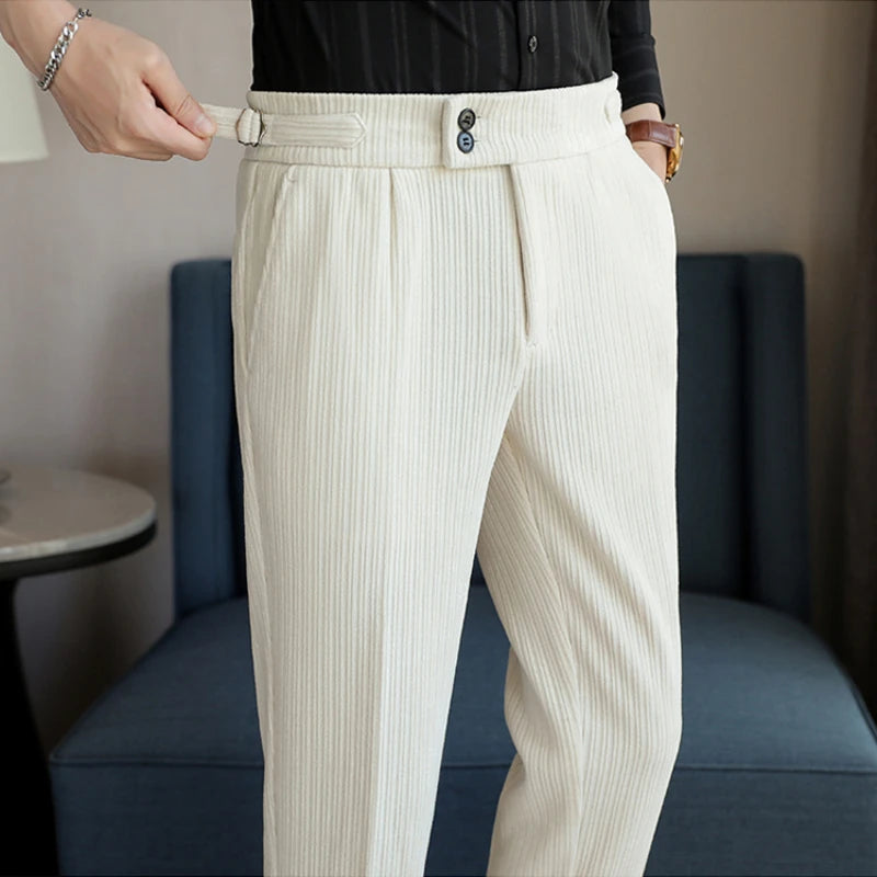 Nuevo pantalón informal de cintura alta de felpilla napolitana de lujo ligero para hombres, pantalón de vestir para hombres de ajuste delgado con sensación premium, pantalón
