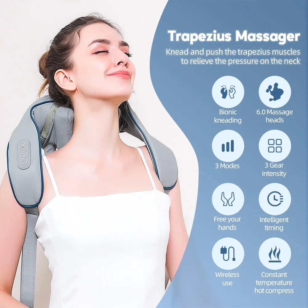 Chal de masaje eléctrico amasador de hombros, masajeador inalámbrico automático de cuello y espalda, almohada de masaje relajante para los músculos de la espalda y el trapecio.