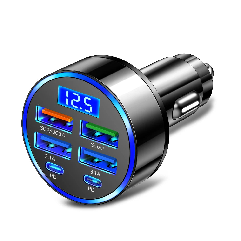250W PD Car Charger USB Type C QC3.0 Fast Charge 6 Port Car Cigarette Lighter Plug for Phone Flash Charge with Digital Display