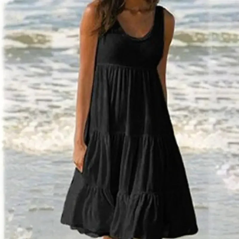 Vestido casual de mujer con cuello redondo, sin mangas, con volantes, minivestido boho liso para playa, vestido suelto oversize, verano 2024