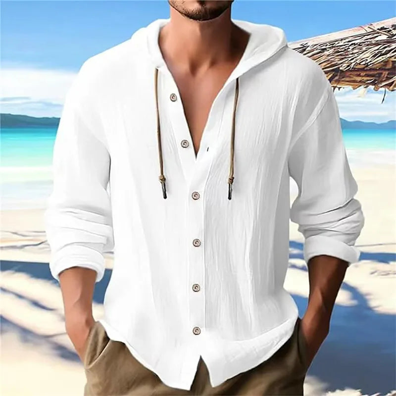 Camisas casuales de playa para hombre, de algodón y lino, con capucha, de manga larga, para hombre, holgada, de color liso, con botones, cárdigan, ropa de calle.