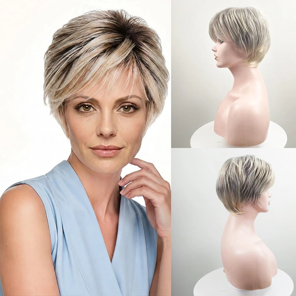HAIRJOY Synthetic Hair Wig Short Ash Blonde Pixie Cut Wig with Dark Shadow Roots Layered Wigs for Women