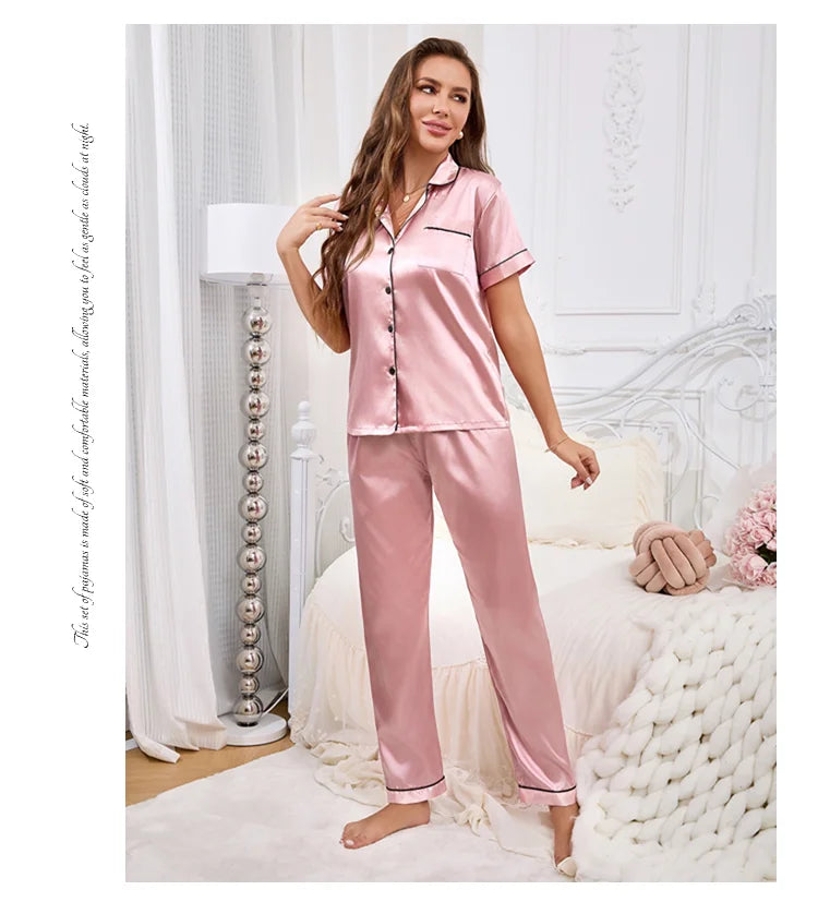 Conjuntos de pijama para mujer, otoño, manga corta, top con botones y pantalones, ropa de dormir de 2 piezas, conjunto de pijama con botones, ropa de casa, ropa de estar de satén
