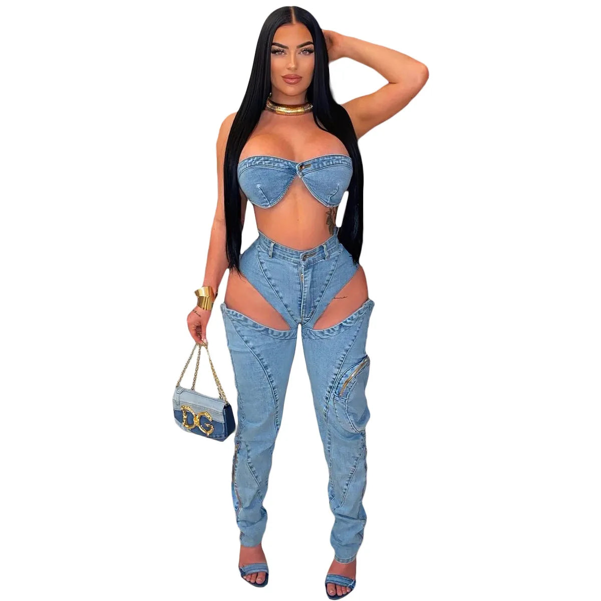Conjuntos de pantalones de mezclilla para mujer Ropa de calle sexy Conjunto de dos piezas Top sin mangas con envoltura en el pecho sin espalda Jeans calados