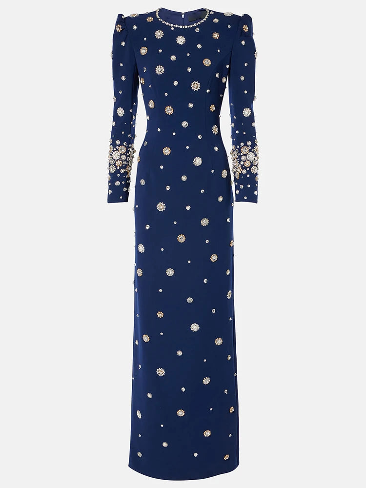 HIGH STREET Robe de soirée de créateur de mode pour femme, tenue de soirée élégante à manches longues, luxueuse robe longue perlée