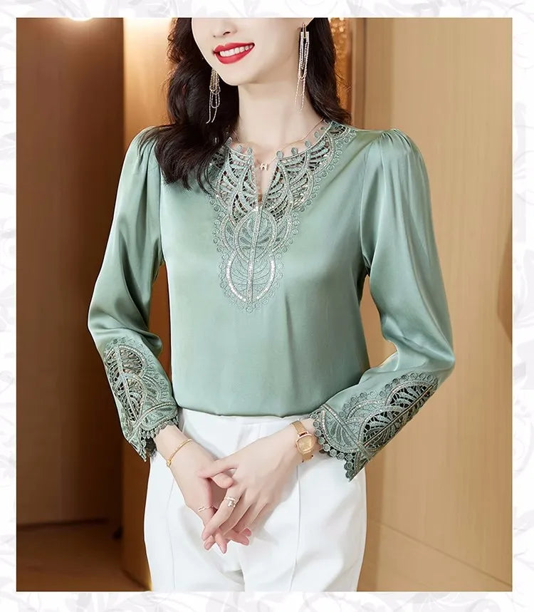 Moda Mujer Blusas de Seda Primavera Otoño Camisas de Manga Larga Bordadas Elegantes Tops de Diseño Retro para Oficina