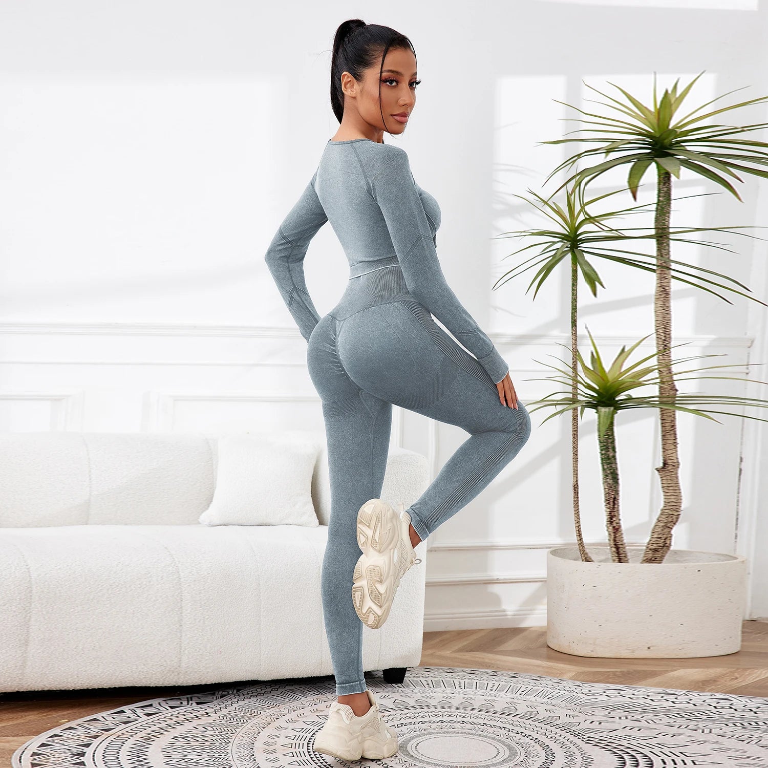 2PCS Sets Women Outfit High Waist Gym Sexy Sport Wash Pants Sets Running Outdoors Skinny