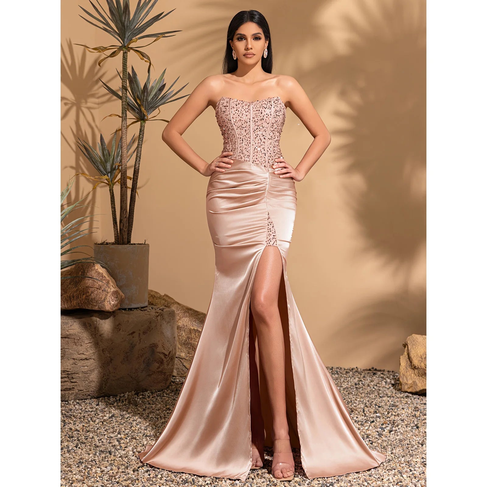 Satin Pleated Strapless Dress – Floor-Length, Sequined Patchwork & Elegant Back-Tie Design