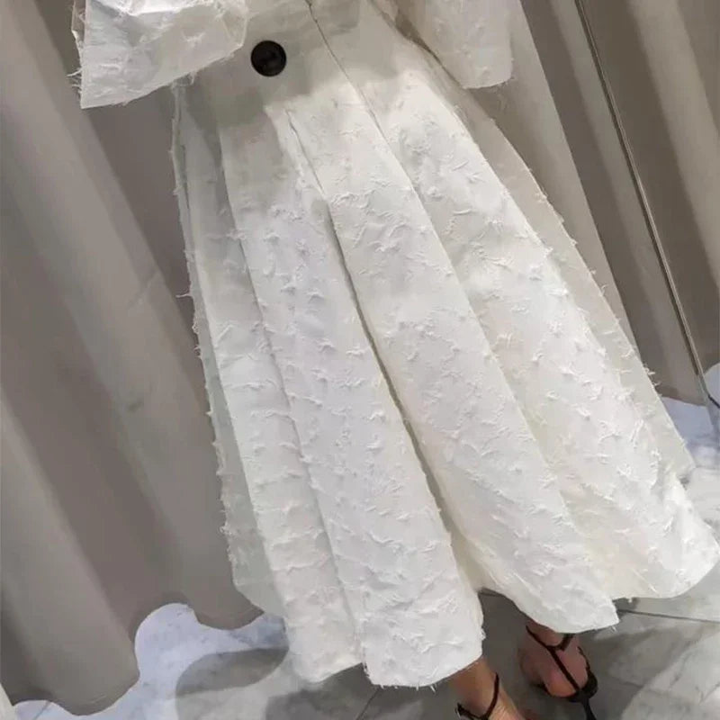 Conjunto de Falda Larga y Camisa con Borlas de Verano para Mujer Elegante Blanco Suelto Cintura Alta Plisada Maxi Faldas Trajes 2025 Ropa de Calle para Oficina
