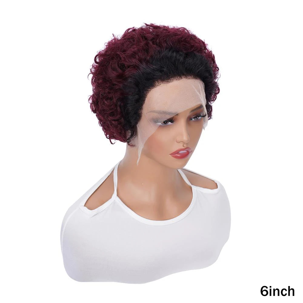 Ombre T1b/99J Short Pixie Cut Curly Human Hair Wigs 13X1 Transparent Hd Lace 1B Red Cheap Lace Wig Daily Use 100% Human Hair 150