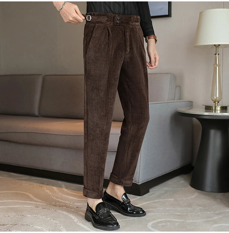 Nuevo pantalón informal de cintura alta de felpilla napolitana de lujo ligero para hombres, pantalón de vestir para hombres de ajuste delgado con sensación premium, pantalón