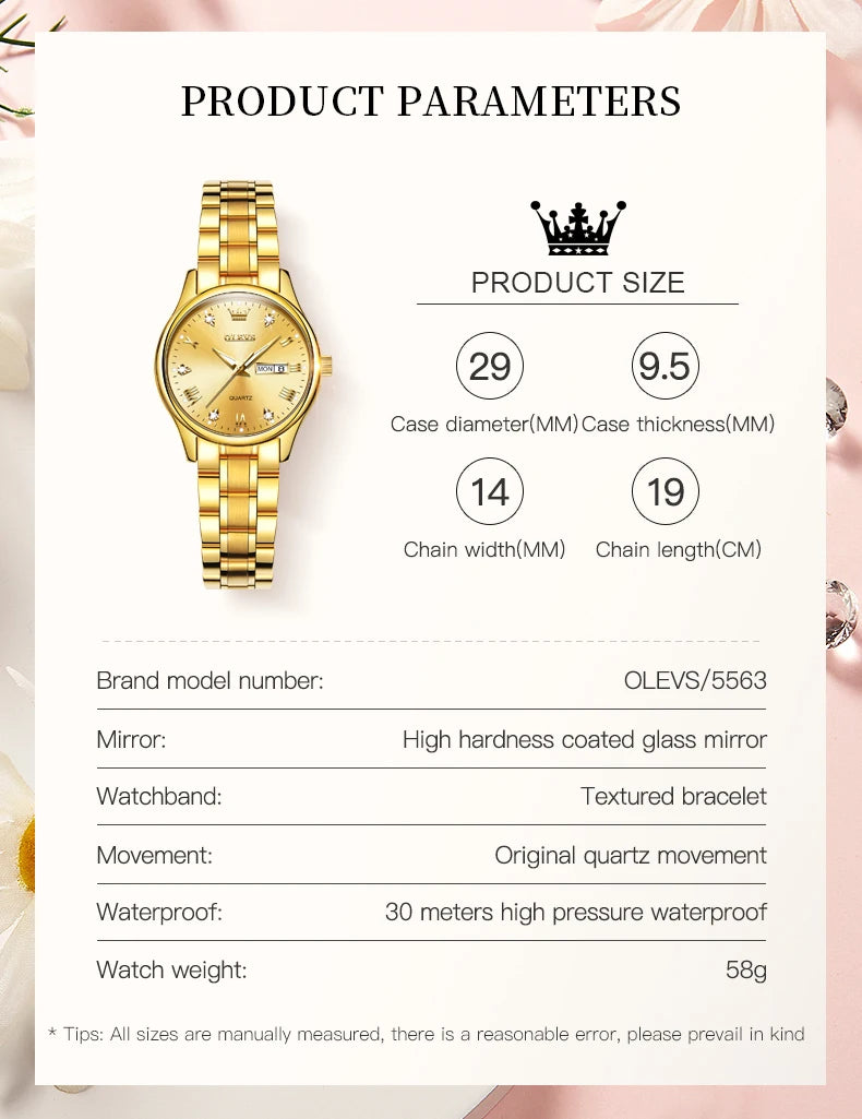 OLEVS Reloj de pulsera para mujer, relojes originales para mujer, de acero inoxidable impermeable, de lujo, de cuarzo, reloj de pulsera para mujer, dorado, Reloj Hombre