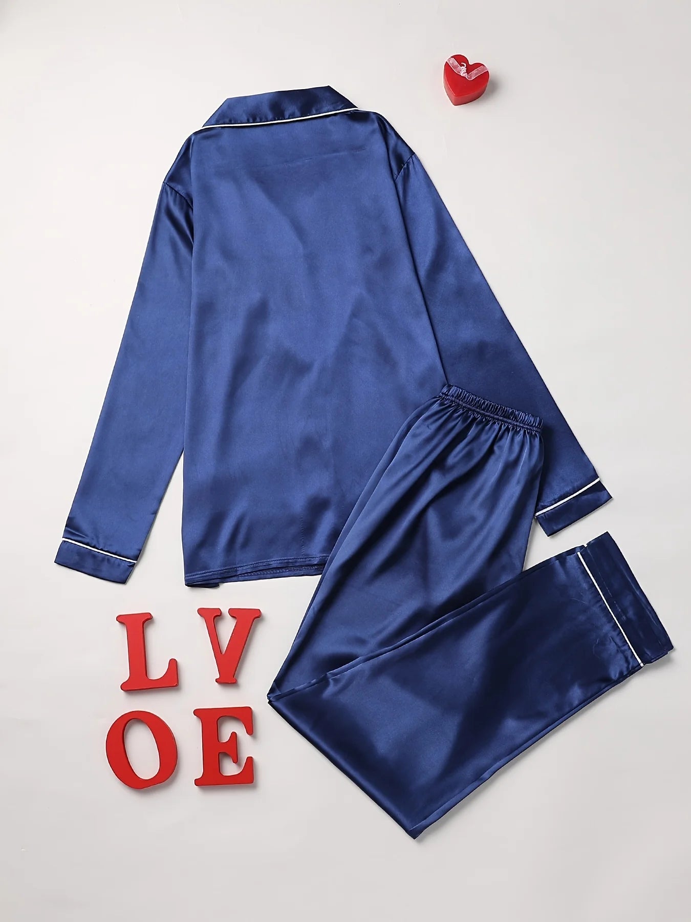 Conjunto de pijama liso de manga larga con botones y cuello tipo solapa, top y pantalones, conjunto de ropa de dormir y de estar para mujer