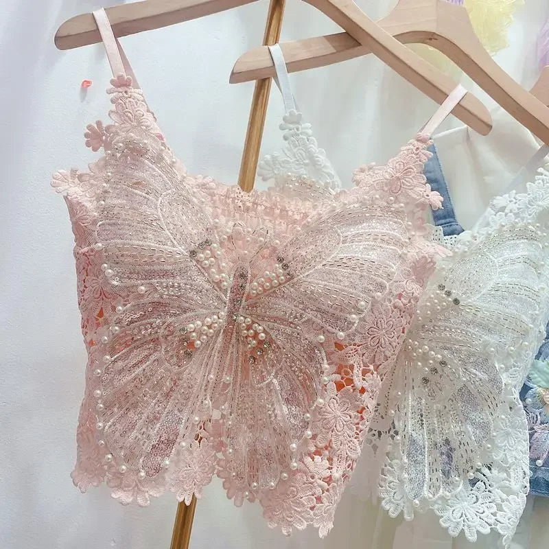 Ropa de mujer, top corto sexy con abalorios pesados y estampado floral, top de encaje de mariposa, top corto que deja el ombligo al descubierto, camiseta de tirantes de verano.