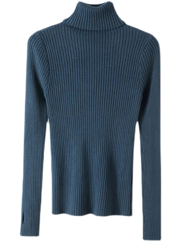 Varm, tykk høst-vintergenser til dame, enkel, ribbet bomullstopp, strikket, ensfarget polotrøye med tommelhull