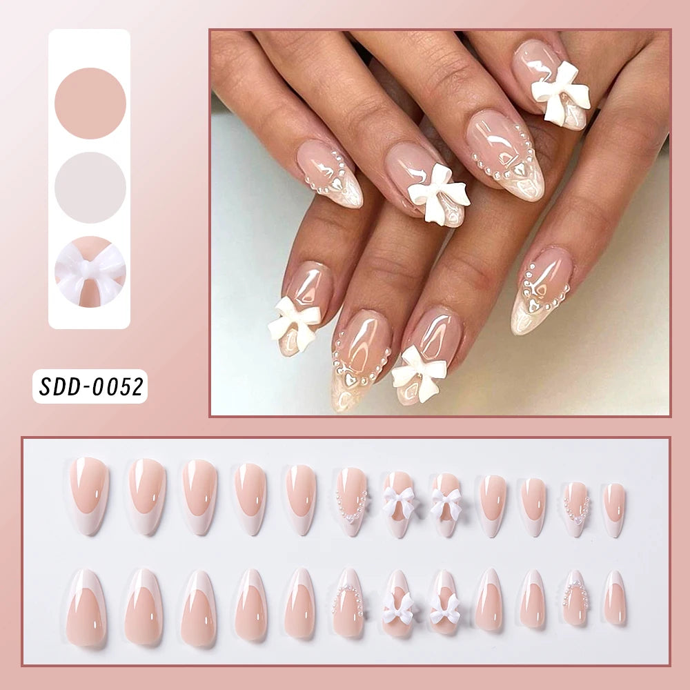 Uñas postizas de leopardo rosa de 24 piezas con punta francesa, cabeza cuadrada corta, lazo negro 3D, uñas postizas acrílicas de cobertura completa a presión