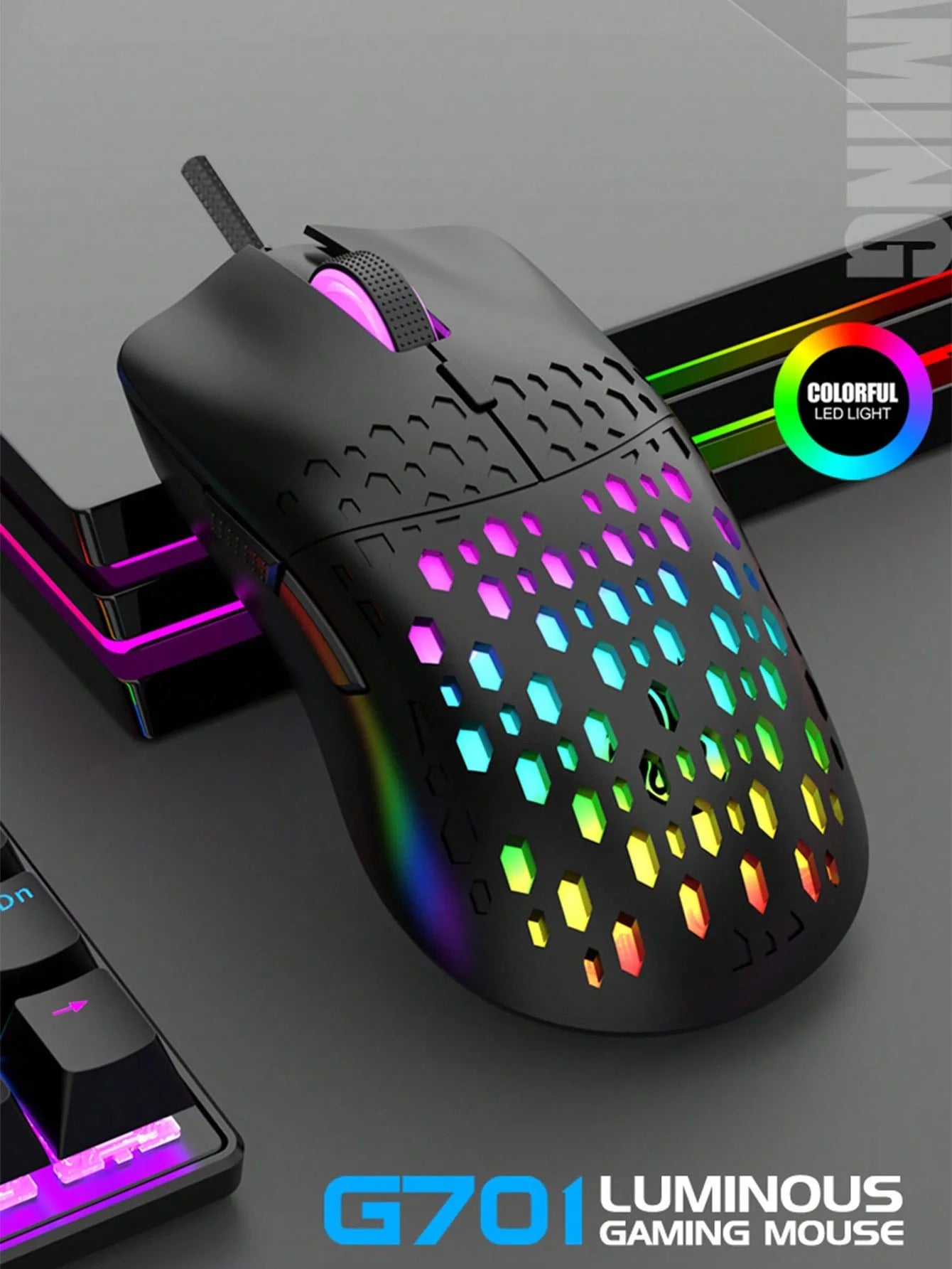 Ratón inalámbrico para juegos, efecto de luz deslumbrante y colorido, DPI variable, ratón perforado con diseño de panal de abeja a la moda