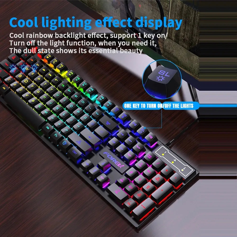 Teclado mecánico retroiluminado de 104 teclas, teclado de juego con cable, teclado luminoso resistente al agua y juego de ratón para PC, portátil, oficina para jugadores