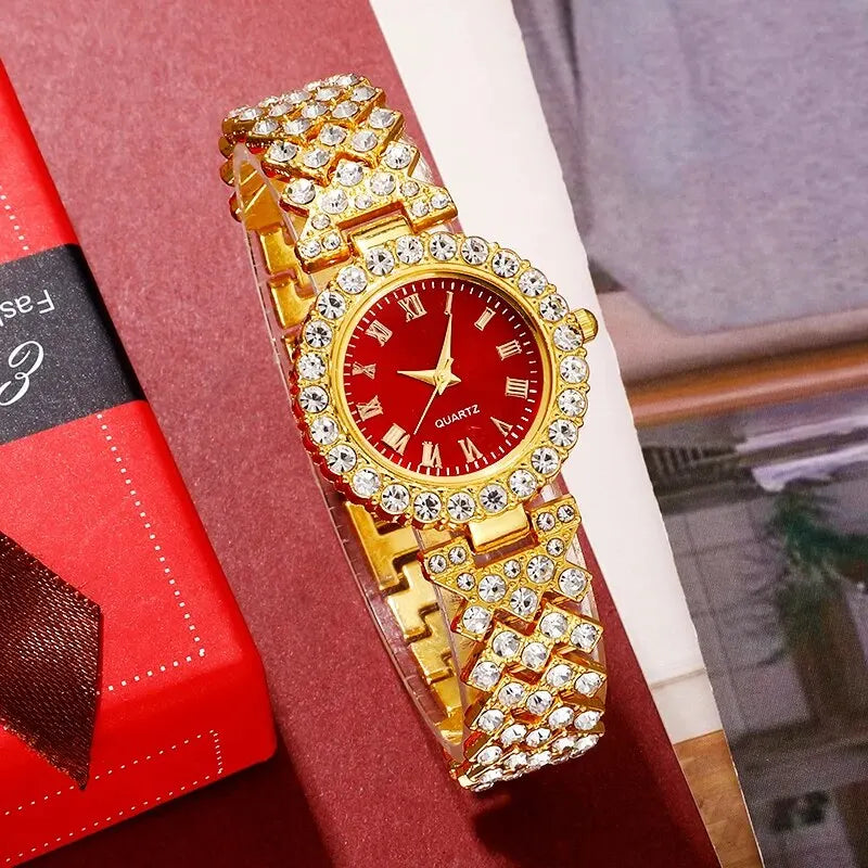 Reloj de lujo dorado, anillo, collar, pendientes para mujer, reloj de pulsera de diamantes de imitación a la moda, conjunto de joyas con pulsera para mujer casual