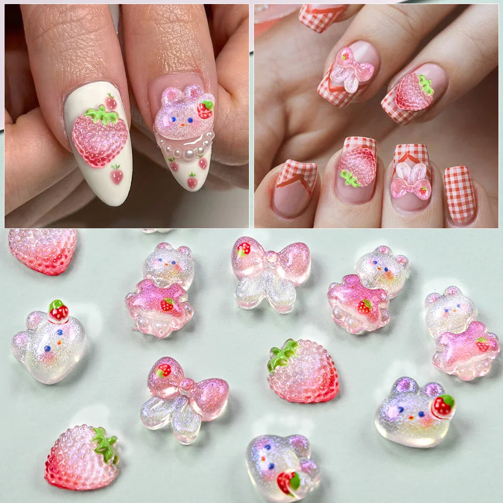 50 dijes de uñas de conejo fresa Kawaii, lazo, brillos, pajarita rosa, cinta de conejo, diamantes de imitación de uñas, piezas de uñas de conejo de dibujos animados de resina