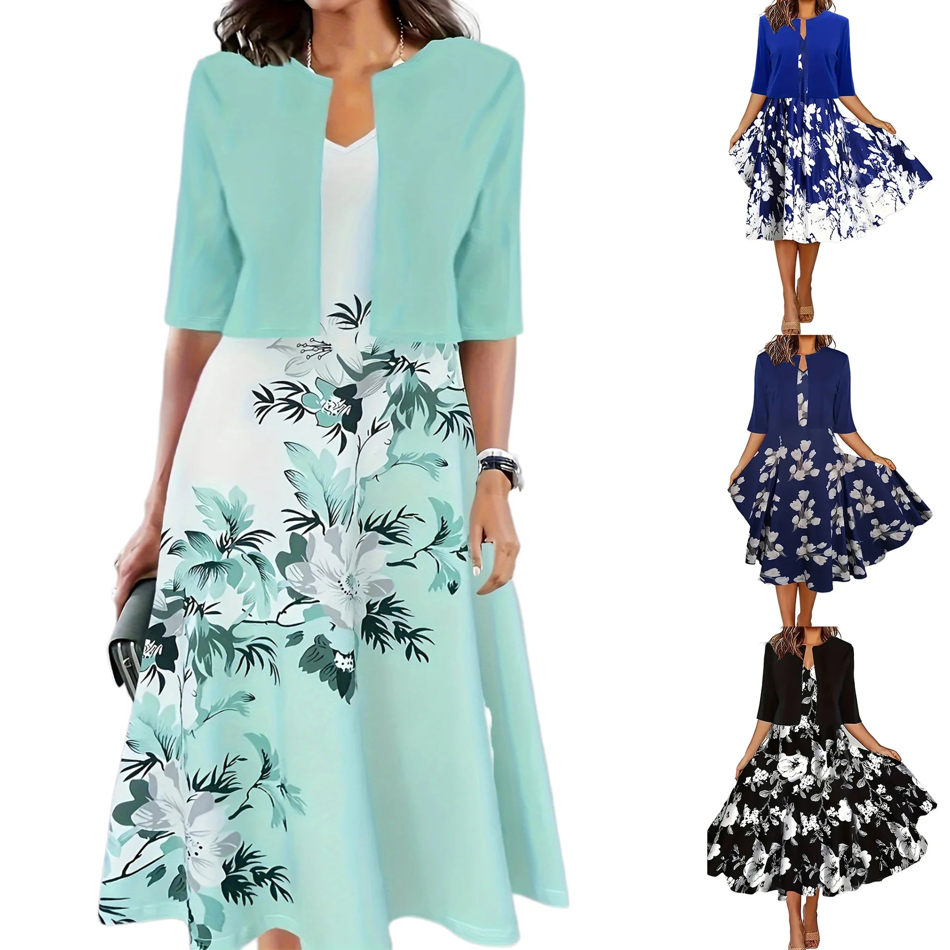 Women’s Floral Long Dress Set – Elegant Two-Piece with Matching Coat