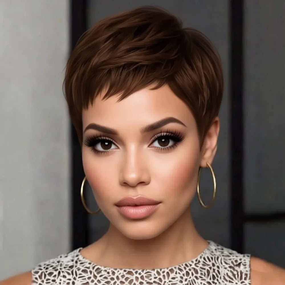 Peluca de verano Pixie en capas, hecha a máquina, para mujer, cabello humano corto, color negro natural/99j, densidad del 150%, 4 pulgadas